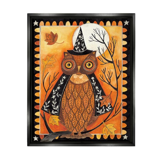 Stupell Industries Seasonal Autumn Owl Moonlit Night Framed Floater Canvas Wall Art